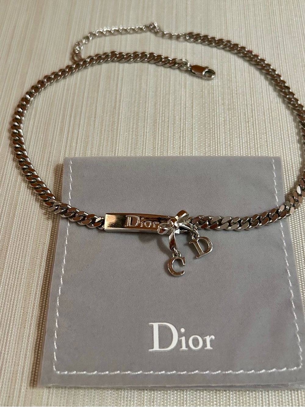 Dior Silver-Tone Engraved Bar Necklace with C and D Charms